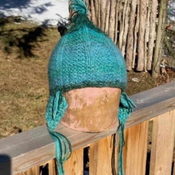 SALE! Cashmere Sea Green Blue Handknit Ear Flap Hat - Picture 1 of 4
